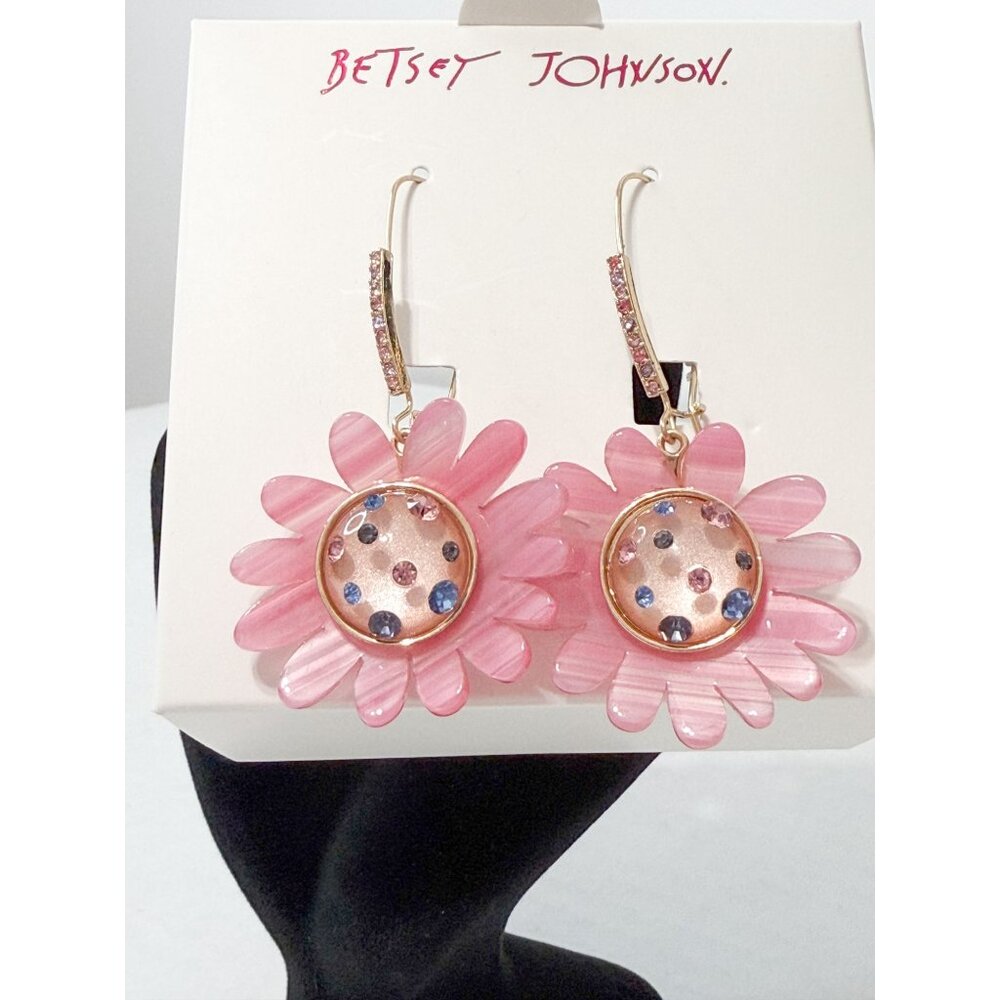 Betsey Johnson NWB Pink Daisy Flower Crystal Rhinestone Drop  Earrings